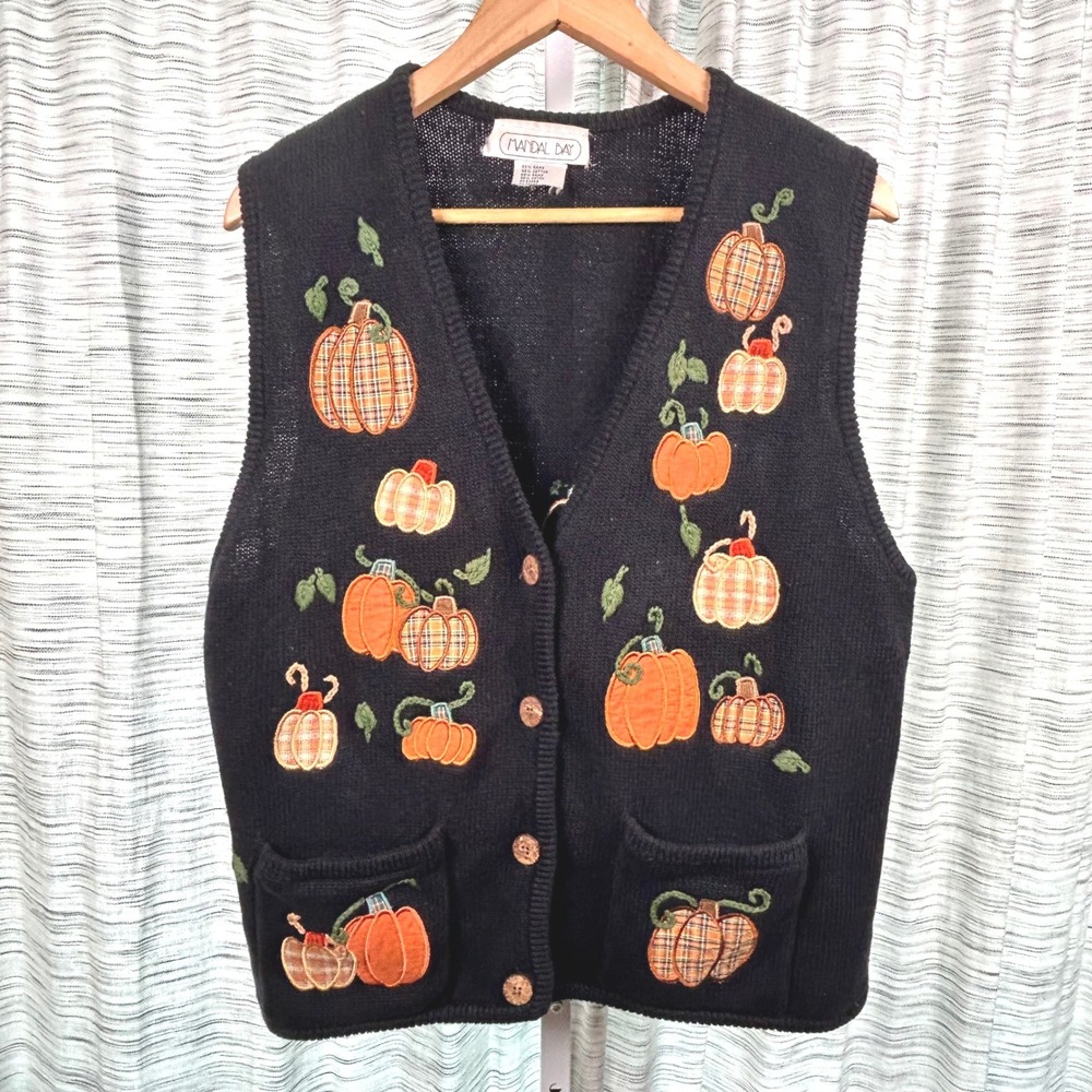 Sweater Vest Black Womens L Pumpkin Fall Embroidered Knit EUC Mandal Bay Pockets